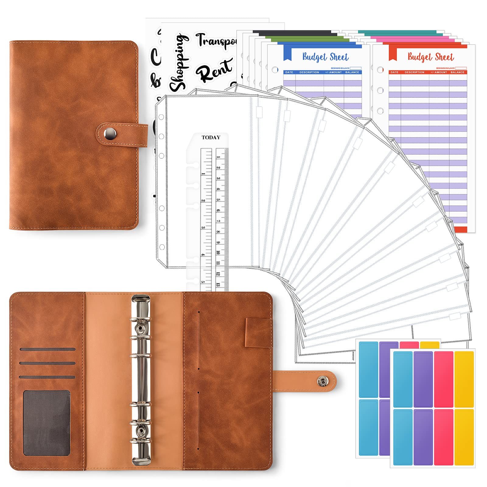 HASTHIP File Folders for Documents Ring Binder Notebook Set, A6 PU Leather File Folder with 12 Envelopes, 12 Budget Sheets, 2 Label Stickers, 1 Ruler, Executive File Clip Stationery Supplies HASTHIP File Folders for Documents Ring Binder Notebook Set, A6 PU Leather File Folder with 12 Envelopes, 12 Budget Sheets, 2 Label Stickers, 1 Ruler, Executive File Clip Stationery Supplies